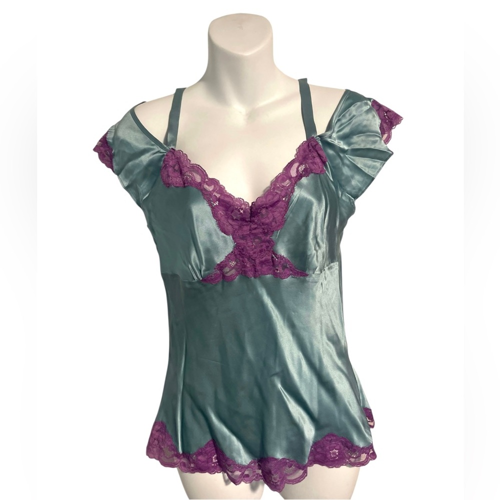 Vintage Y2K Coquette Blue Silk Cami Blouse With Lace Size Small Romance Fairy